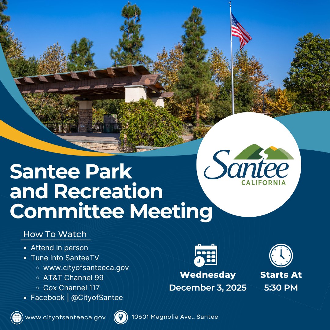 Tune into tomorrow's SPARC meeting!
The meeting starts at 5:30pm in the Council Chambers at Santee City Hall 10601 Magnolia Ave, Santee.

Watch live on SanteeTV or our city's Facebook page.
View the agenda: bit.ly/4pczZgs

#CityofSantee #DoMoreDueEast #SPARC