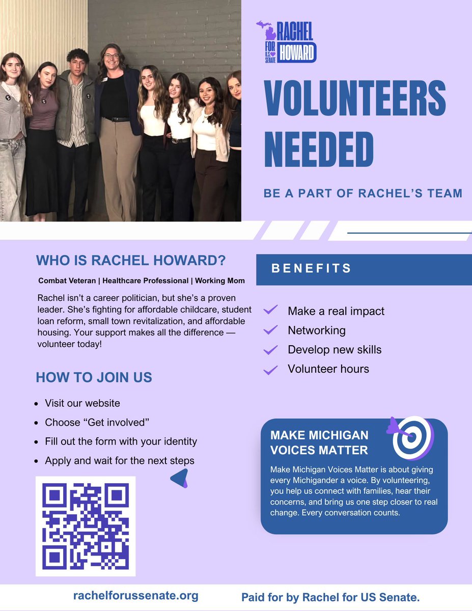 RachelForSenate's tweet image. Want to make a difference in Michigan? 🌟 Join Team Rachel and volunteer for our U.S. Senate campaign! From talking with voters to supporting events on the ground, your involvement makes a real impact. Sign up and get involved with Team Rachel.  #RachelForSenate #TeamRachel…