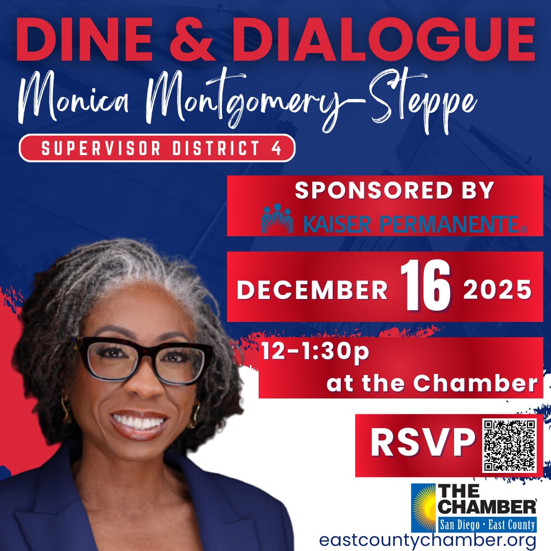 sdeccc's tweet image. Join us at The Chamber this month for a Dine &amp;amp; Dialogue with District 4 Supervisor Monica Montgomery-Steppe! 

RSVP: business.eastcountychamber.org/events/details…
#SDECCC #ChamberEvents #EastCountySD #ElCajon #SanDiegoEvents