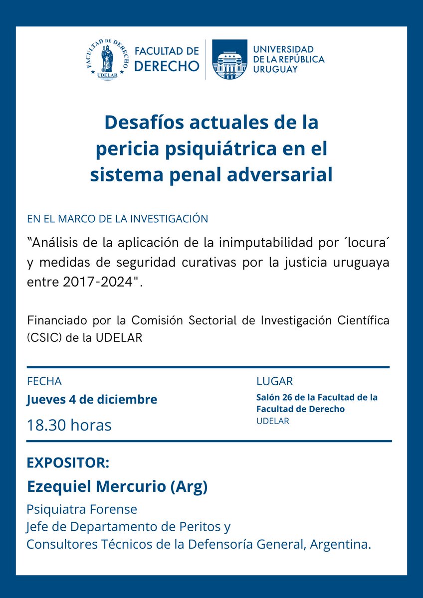 Desafíos actuales de la pericia psiquiátrica en el sistema penal adversarial
Jueves 4 - 18:30 hs