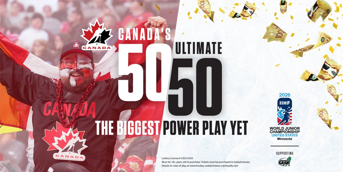 hockeysask's tweet image. 🎉 Saskatchewan, the World Juniors 5⃣0⃣/5⃣0⃣ has returned! 🍁

Last season, #Sask fans helped reach nearly $100,000 in total jackpots. Half the pot goes to the winner, and half supports grassroots hockey in the province. 🌱🏒

Three draws are lined up for the 2026 IIHF World