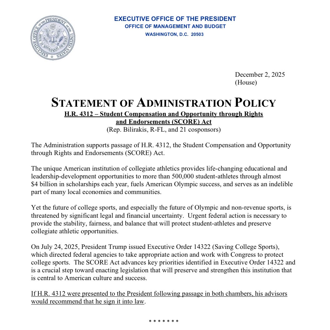 achristovichh's tweet image. Inbox: The White House endorses the SCORE Act, which will be put to a vote in the House of Representatives tomorrow.

WH says Trump’s advisors would recommend he sign it into law if it reaches his desk. (It’s expected to face an uphill battle in the Senate, however)