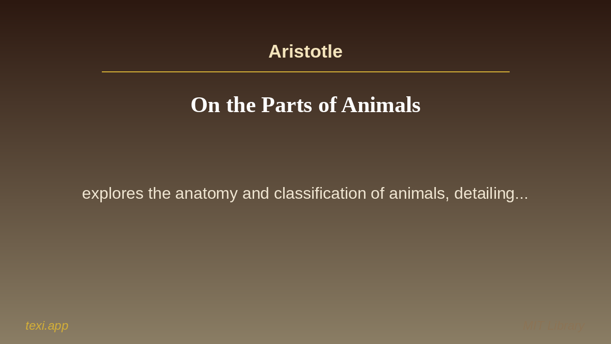texi_app's tweet image. 📚 On the Parts of Animals
✍️ Author: Aristotle
🌍 Language: English
📝 &quot;On the Parts of Animals&quot; by Aristotle explores the anatomy and classification of animals, detailing... #texi #books #knowledge #mit #english