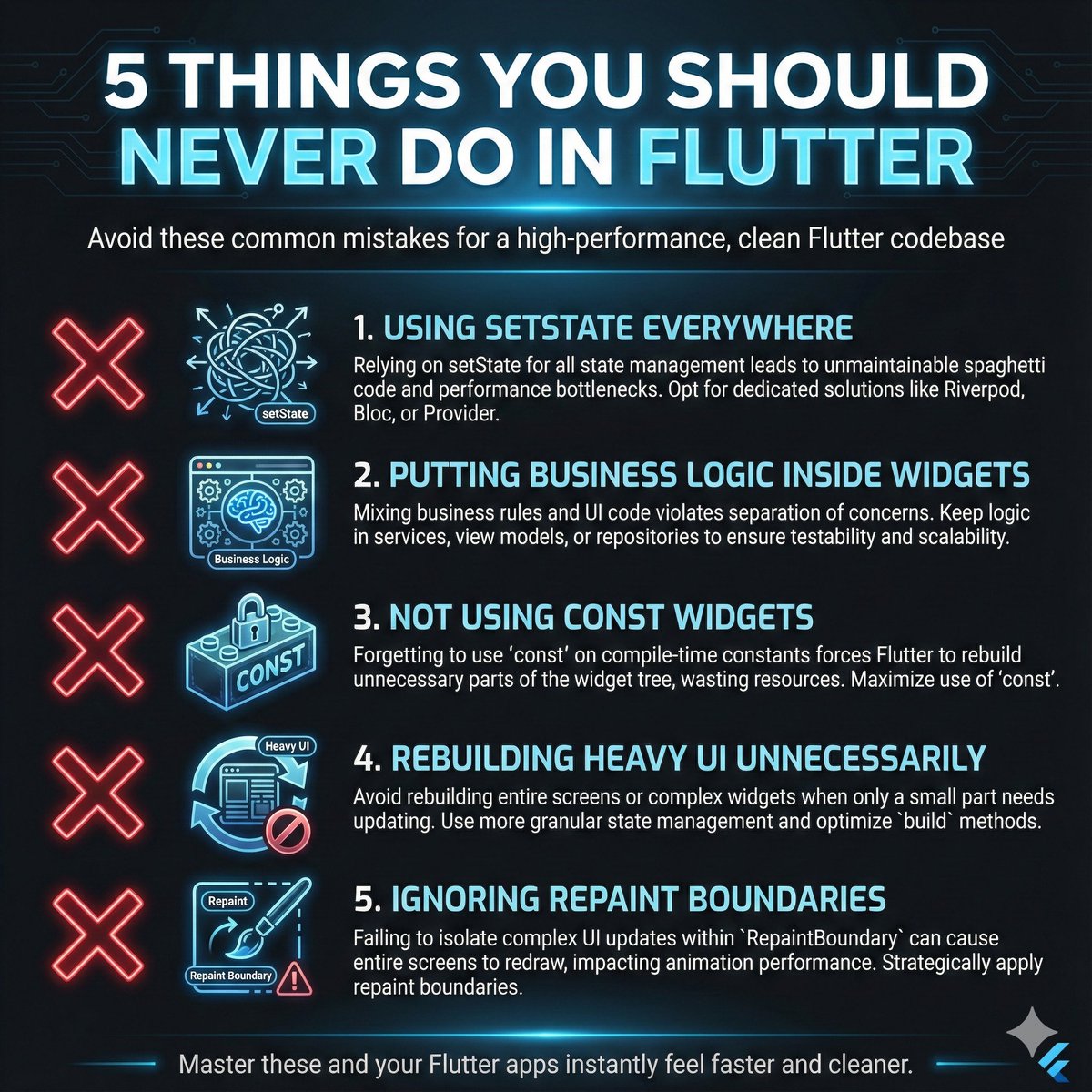 sushant_coder's tweet image. 5 Flutter Mistakes Beginners Still Make

1. Using setState() for everything
2. Putting logic in widgets
3. Not using const
4. Rebuilding heavy widgets
5. Ignoring RepaintBoundary
Master these → faster, cleaner apps. 🚀

#Flutter #FlutterDev