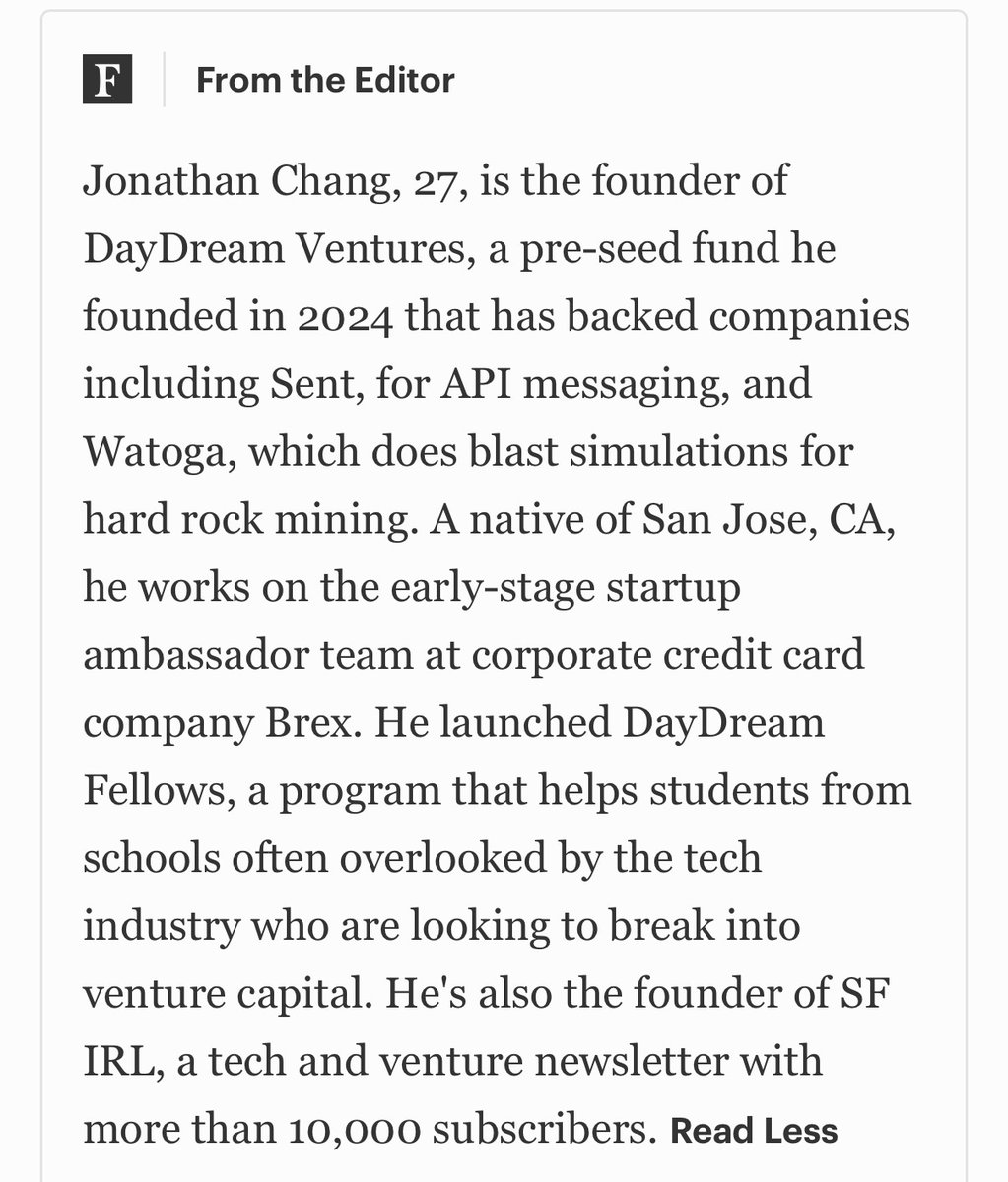 thechangj's tweet image. Thanks @ForbesUnder30 for nominating me!

Growing up, Forbes was the one thing my family of Asian immigrants (especially my grandma) read and to be selected is an honor.   

I love startups &amp;amp; venture with all of my heart and am grateful for the Forbes team for recognizing that.…