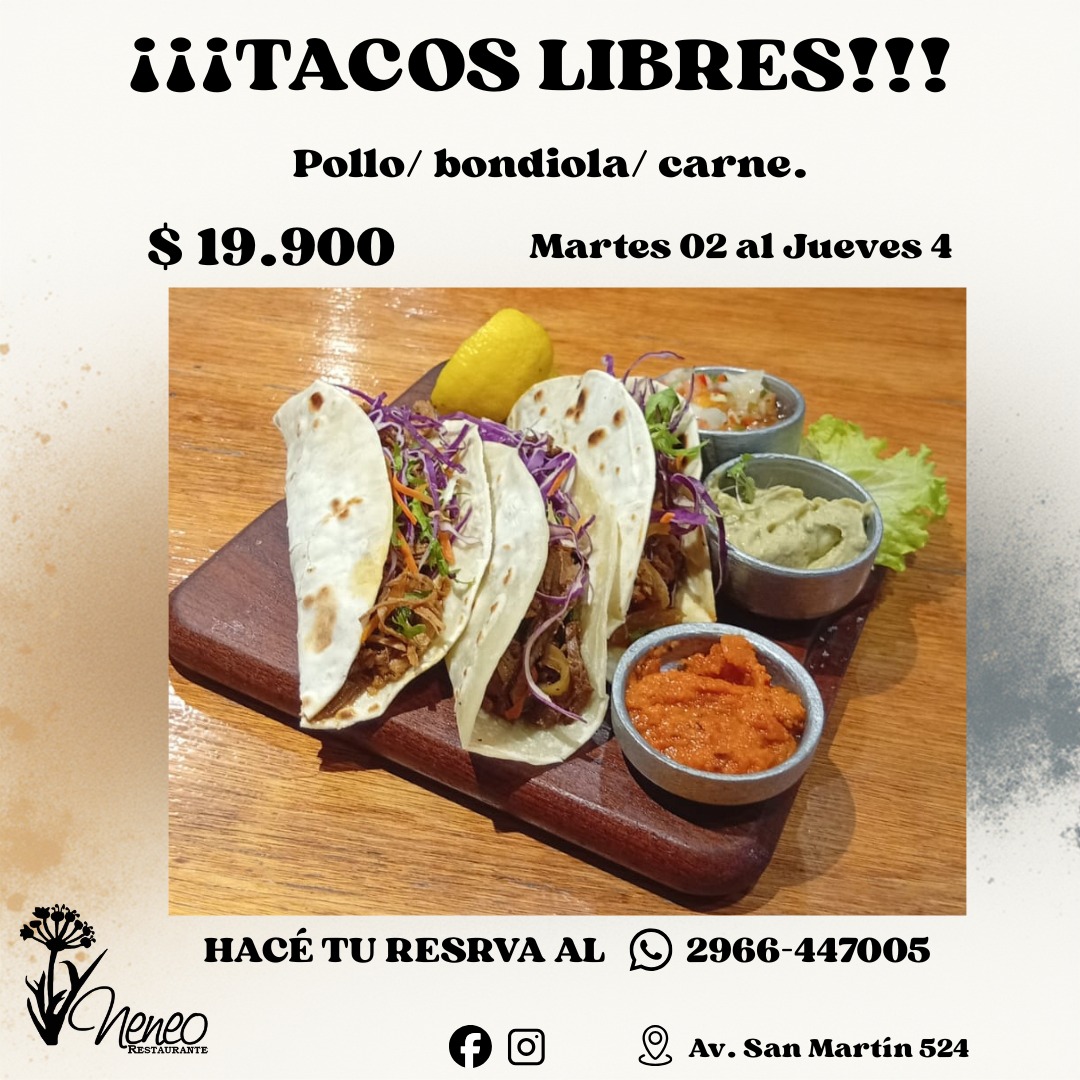 NeneoRestaurant's tweet image. Martes 2 al Jueves 4
🌮 TACOS LIBRES (pollo, bondiola y carne) 👉 $ 19.900
Con salsa criolla, guacamole y picante.
Más 2x1 en #Fernet #Branca con #CocaCola  $ 8.500
👉 Reservas 2966-447005
📍 Av. San Martín 524
#RíoGallegos #Restaurante #TacosLibres #cenas #Almuerzo #Promo #2x1