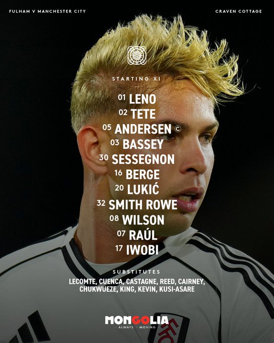 Starting XI: 1. Leno, 2. Tete, 5. Andersen (captain), 3. Bassey, 30. Sessegnon, 16. Berge, 20. Lukić, 32. Smith Rowe. 8. Wilson, 7. Raúl, 17. Iwobi. Subs: Lecomte, Cuenca, Castagne, Reed, Cairney, Chukwueze, King, Kevin, Kusi-Asare.