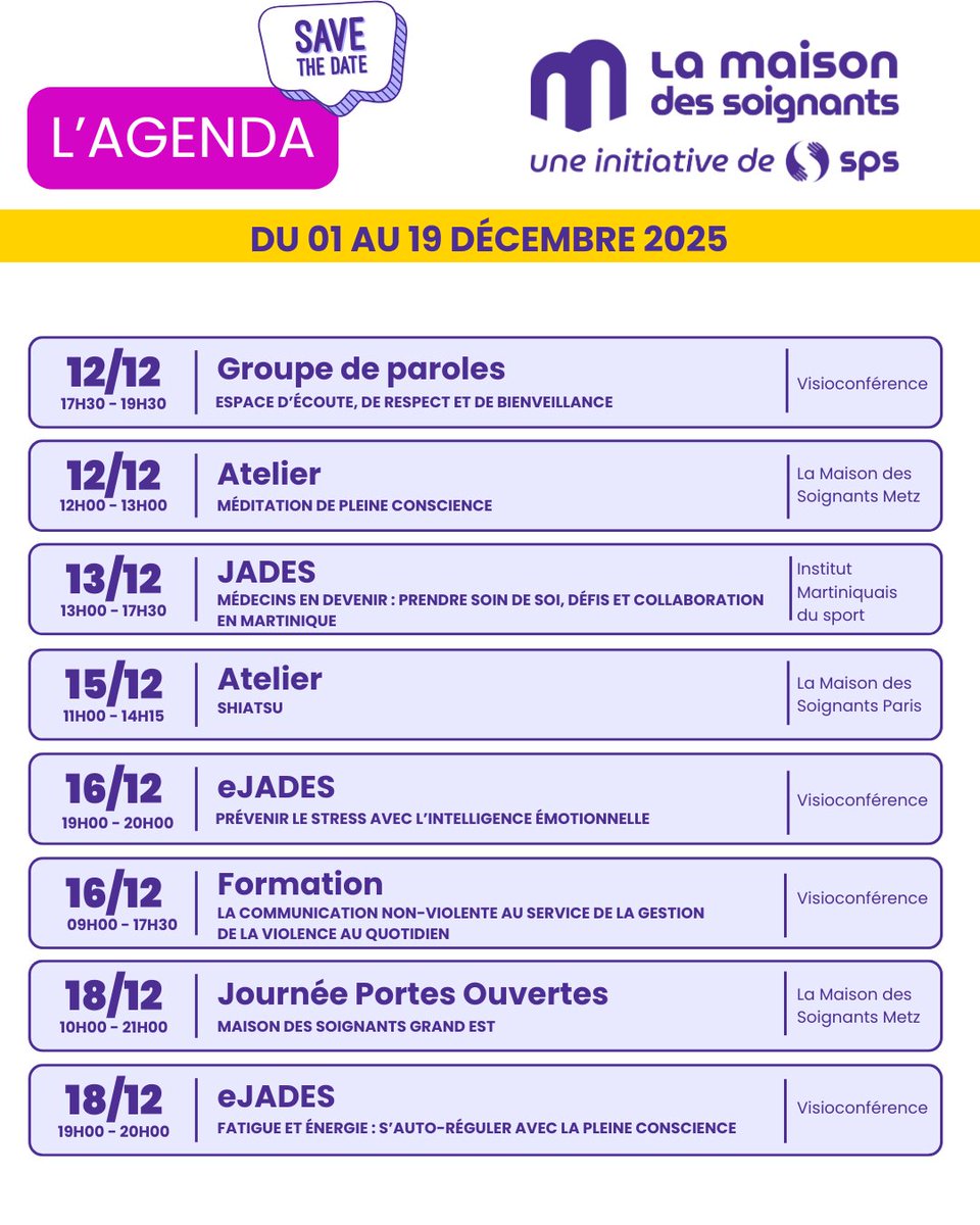 📆 #SaveTheDate pour l'agenda de La Maison des Soignants du mois de décembre
🔎 Découvrez notre programme et inscrivez-vous gratuitement sans tarder !
🔗 lamaisondessoignants.fr/agenda/
#soignantsgrandecause #sps #soignants #étudiantsensanté #santémentale #mieuxetre #QVT #préventionsanté