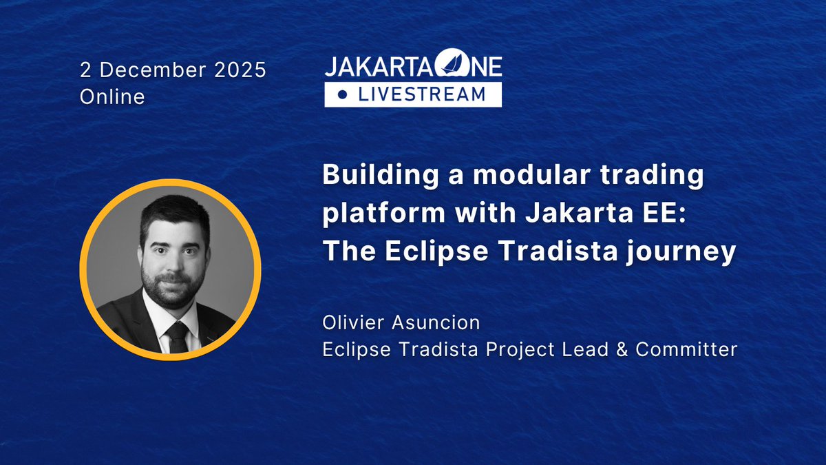 JakartaOneConf's tweet image. 🗓️ Hear from Olivier Asuncion at JakartaOne Livestream 2025! His session “Building a modular trading platform with Jakarta EE: The Eclipse Tradista journey” will start soon!

Join now 👉 hubs.la/Q03Wdfvl0

#opensource #Java #CloudNativeJava
