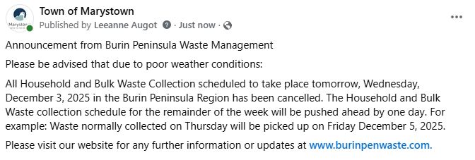 Message from Burin Peninsula Waste Management