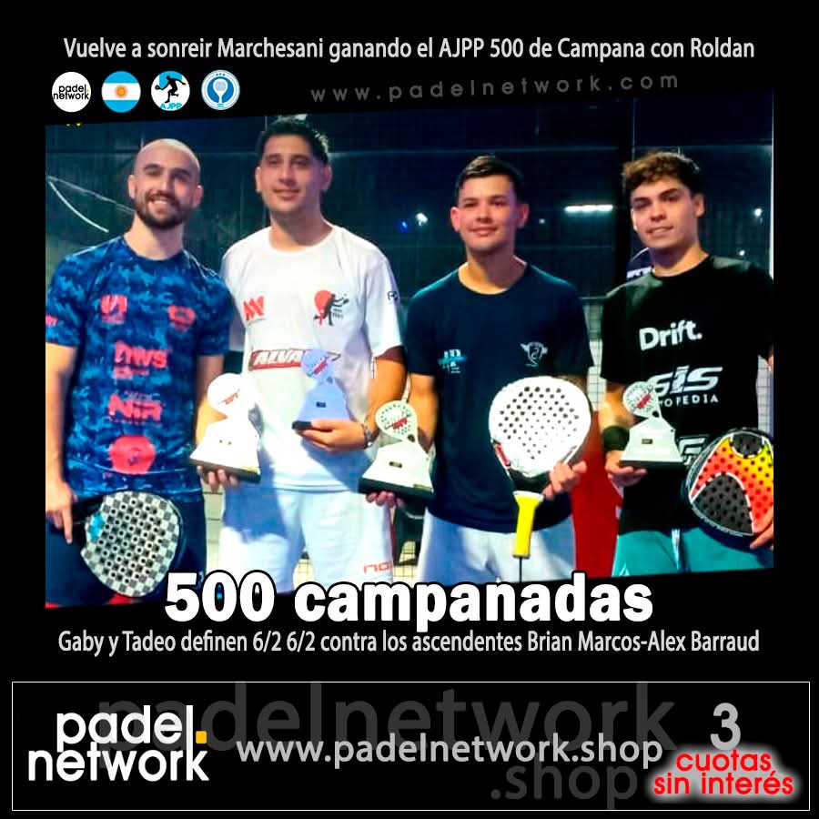Festejo para Gaby Marchesani-Tadeo Roldan en el AJPP500 de Campana, donde los campeones definieron la final con un claro 6/2 6/2 a Brian Marcos-Alex Barraud. En dos semis parejísimas y quedaron afuera Fede Galarza-Charly Res y Santino Nicocia-Filo Nicocia.
padelnetwork.com/ajpp/2025/novi…