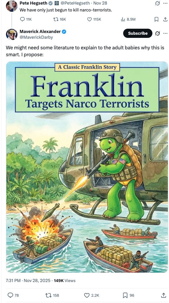 AlKapDC's tweet image. The Franklin the Turtle image that Defense Secretary Pete Hegseth posted apparently came from a right-wing content creator known as &quot;Maverick Alexander.&quot; Among the images Alexander has posted with the Franklin character includes dedicated to 9/11 trutherism.