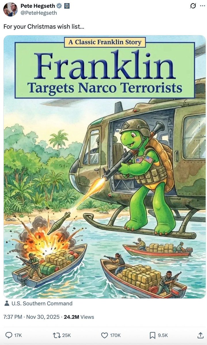 AlKapDC's tweet image. The Franklin the Turtle image that Defense Secretary Pete Hegseth posted apparently came from a right-wing content creator known as &quot;Maverick Alexander.&quot; Among the images Alexander has posted with the Franklin character includes dedicated to 9/11 trutherism.
