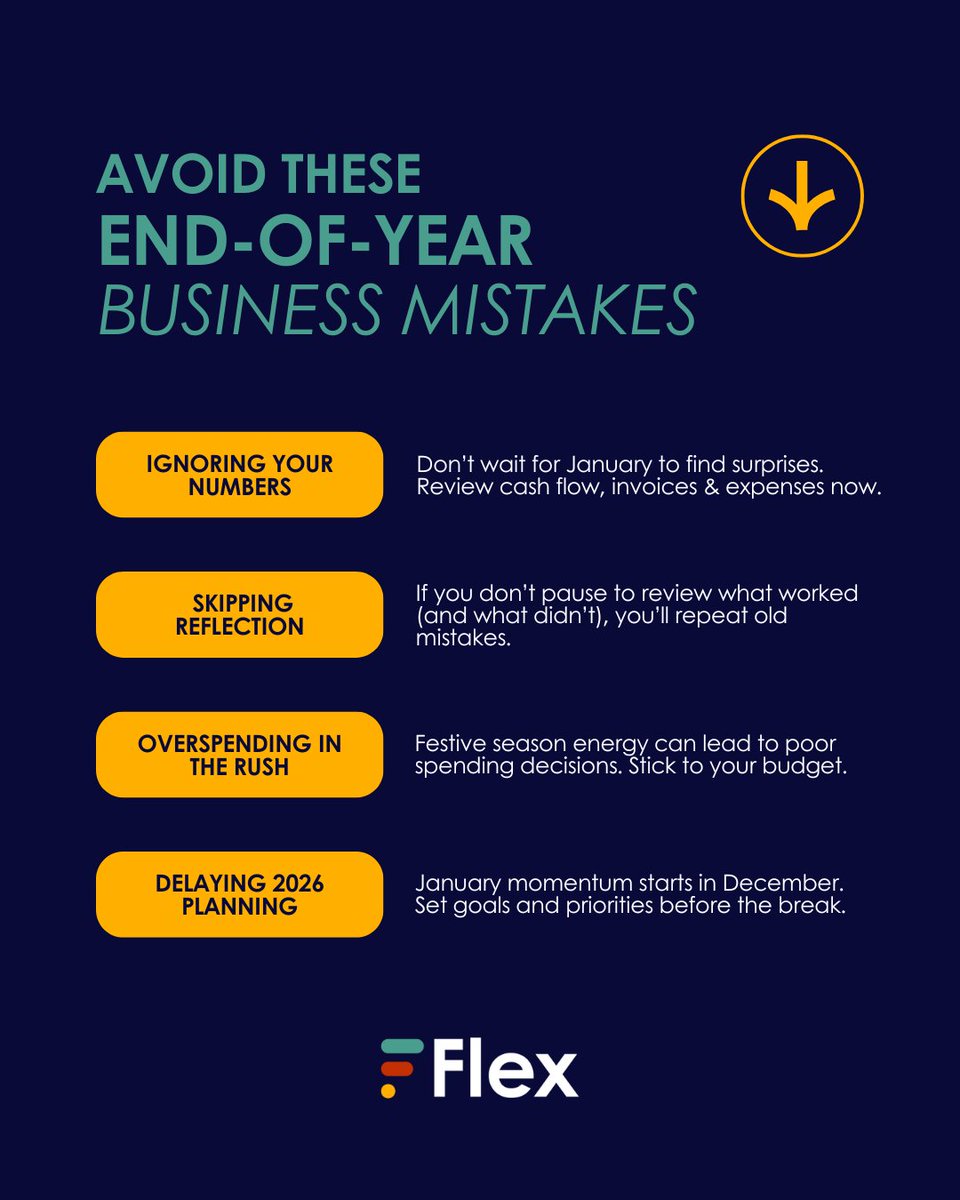 flexforbusiness's tweet photo. The end of the year can be a blur, but smart business owners know it’s also the best time to plan ahead.

Avoid the last-minute rush by reviewing your finances, reflecting on your growth, and setting a strong foundation for 2026.

#FlexForBusiness #BusinessGrowth #SMEAdvice https://t.co/0FVDiRP8R4