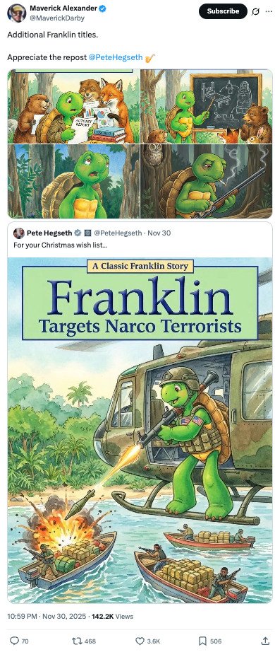 AlKapDC's tweet image. The Franklin the Turtle image that Defense Secretary Pete Hegseth posted apparently came from a right-wing content creator known as &quot;Maverick Alexander.&quot; Among the images Alexander has posted with the Franklin character includes dedicated to 9/11 trutherism.