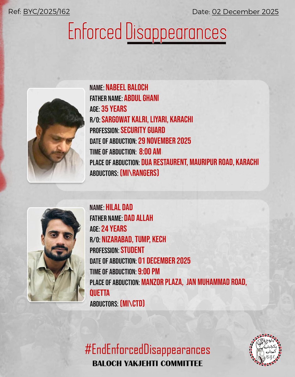 FoziaBaloch10's tweet image. For being Baloch, Hilal Dad, Nabeel Baloch, Farzana Zahri, Master Rafiq, and Zubair have been abducted.
This is state oppression—but our voices will never be silenced.
Every disappeared life is a wound in our nation, and every cry for justice fuels our Resistance.
#Balochistan