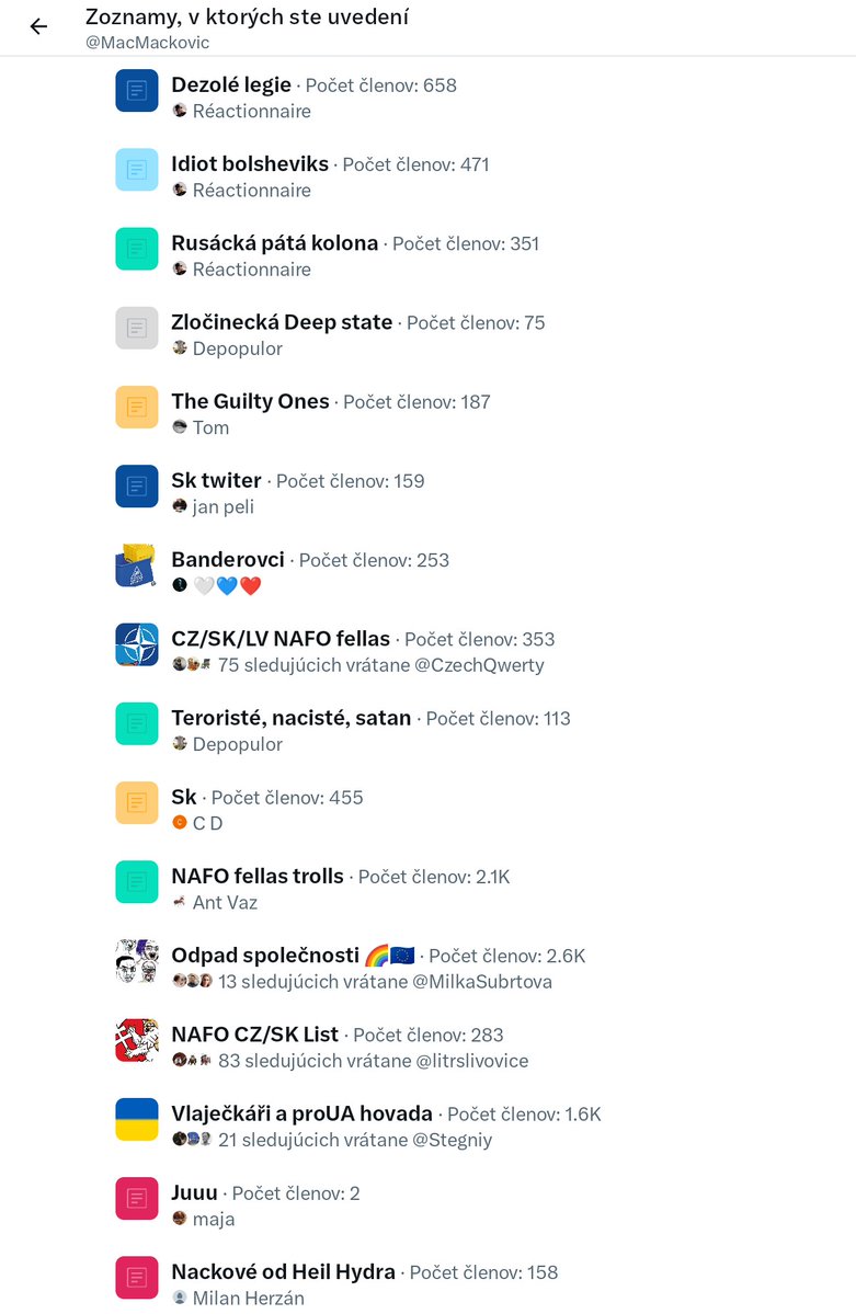 Na Twitteri som v týchto zoznamoch. Ty kokso. Už ani neviem, čo som? Bolševik? Banderovec? Nácek? Troll? Russák?