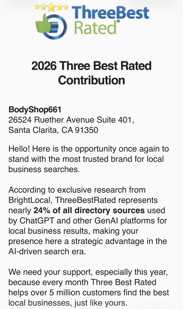 BodyShop661Auto's tweet image. Pretty amazing today BodyShop661 was recognized as one of the Top 3 Body Shops in Santa Clarita.

I’m truly grateful for this community.

We’re here for free estimates, free advice, and honest work for our awesome little big town.
Thank you, Santa Clarita.
Cesar from BodyShop661