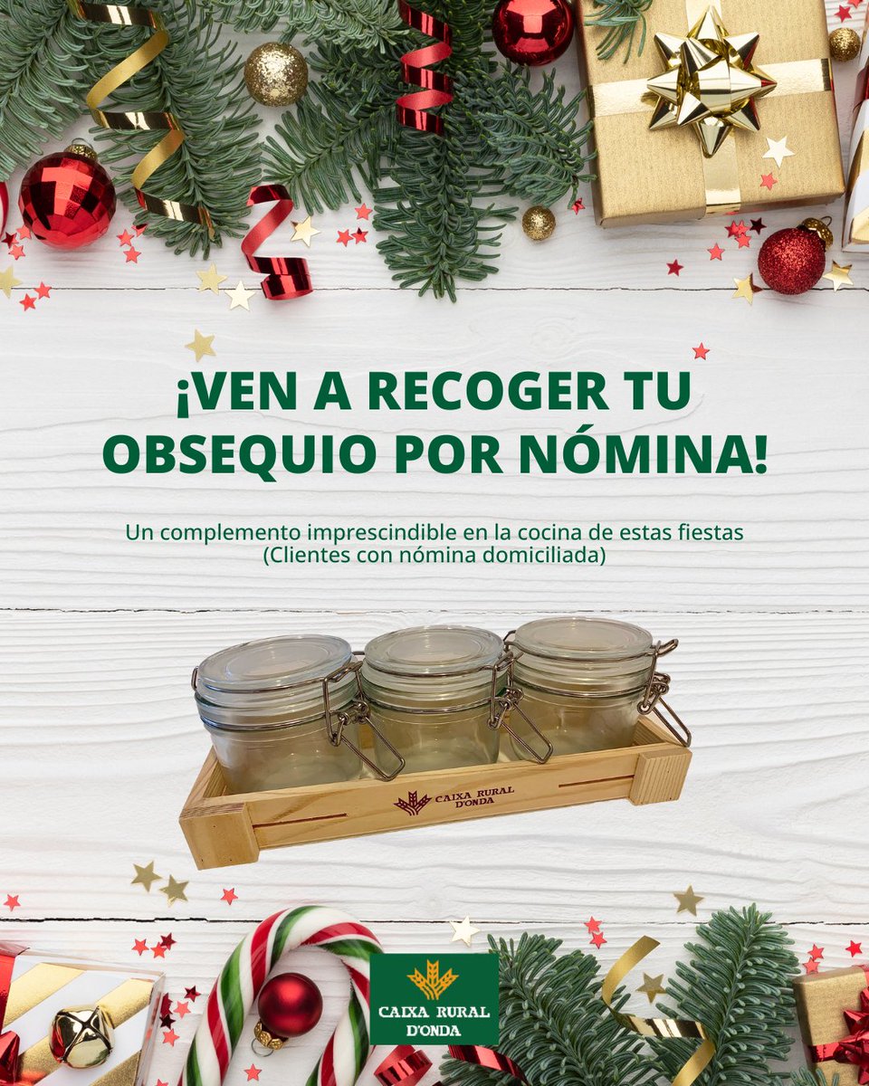 🎁 Desde el 1/12, los clientes con nómina domiciliada pueden recoger su regalo en la oficina principal.
Un imprescindible para estas fiestas. 💚
#CajaRuralOnda