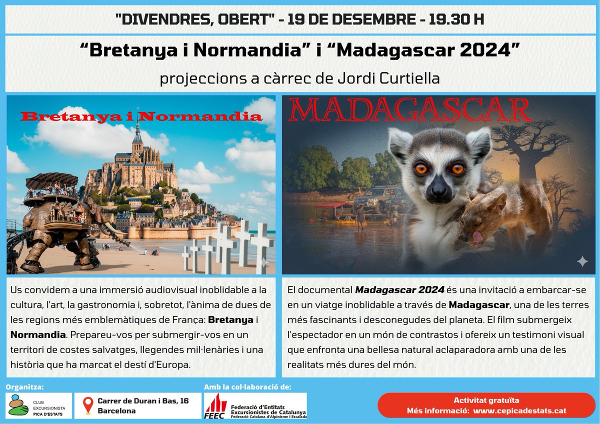 Projeccions de viatges a càrrec de Jordi Curtiella: 
Bretanya i Normandia + Madagascar.
Activitat gratuïta.
Inscripcions (copia i enganxa) 👇 cepicadestats.playoffinformatica.com/activitat/732/…