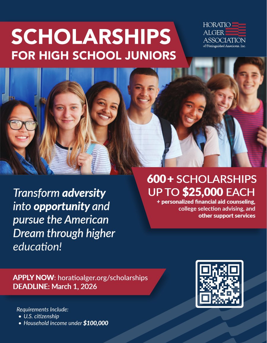 The Horatio Alger Scholarship for Juniors is NOW OPEN! Apply today! The deadline is March 1, 2026. #Fly2Gether <a href="/GoldenFHSEagles/">Freeman High School</a>