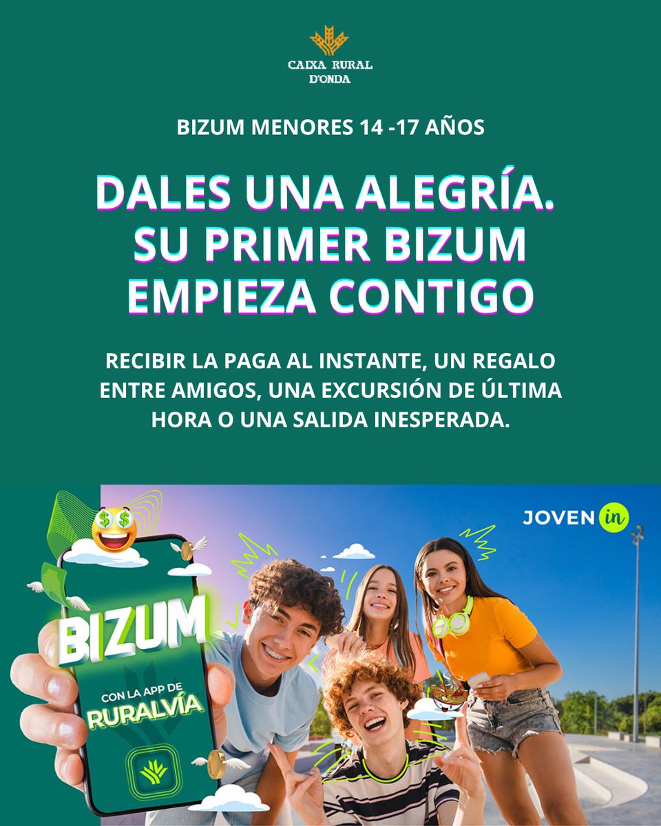 📱💚 Bizum para menores ya está disponible: jóvenes de 14 a 17 años pueden enviar y recibir dinero al instante, siempre con autorización familiar.
Seguro, rápido y educativo.
#CajaRuralOnda #BizumMenores