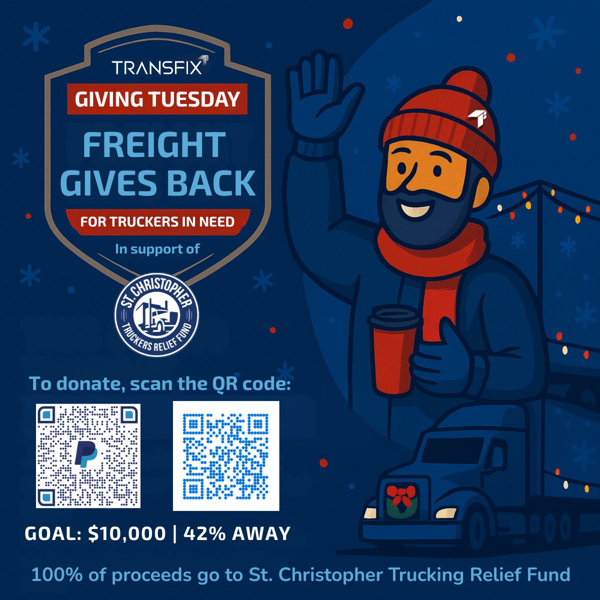 transfixIO's tweet image. It's #GivingTuesday and we have a great cause for you to support. St. Christopher Truckers Relief Fund helps drivers get back on the road after hardships related to displacement or health. Help us reach 100% of our $10,000 fundraising goal. We're 42% of the way there!