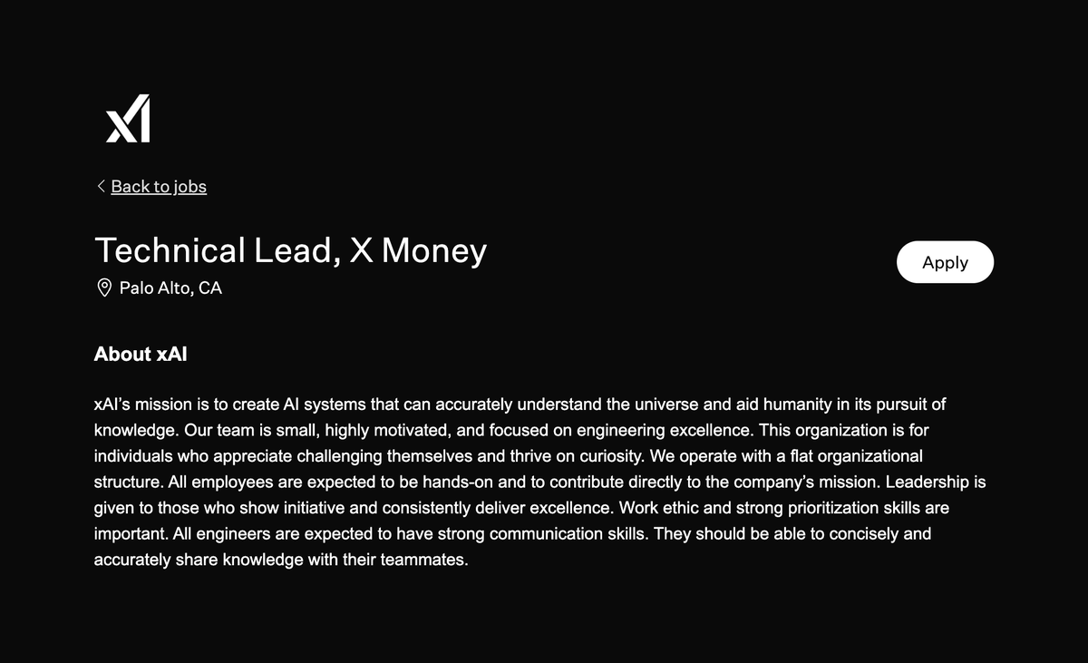 solana's tweet image. Solana Manlets:

X is hiring a technical lead for X Money, based in Palo Alto.

This is your chance to shape how hundreds of millions access financial services.