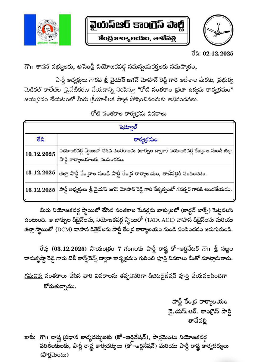 raja_ambakapaly's tweet image. కోటి సంతకాల కార్యక్రమం — షెడ్యూల్ వివరాలు@YSRCParty @ysjagan 
#YSRCP #YSJagan #ysavinashreddy #JaganannaConnects
#AndhraPradesh #YSRCPSocialMedia #YSRCPFamily
#JaganannaSarkar #YSJaganLeadership #ysbarathireddy
#rajasekharareddyambakaplli