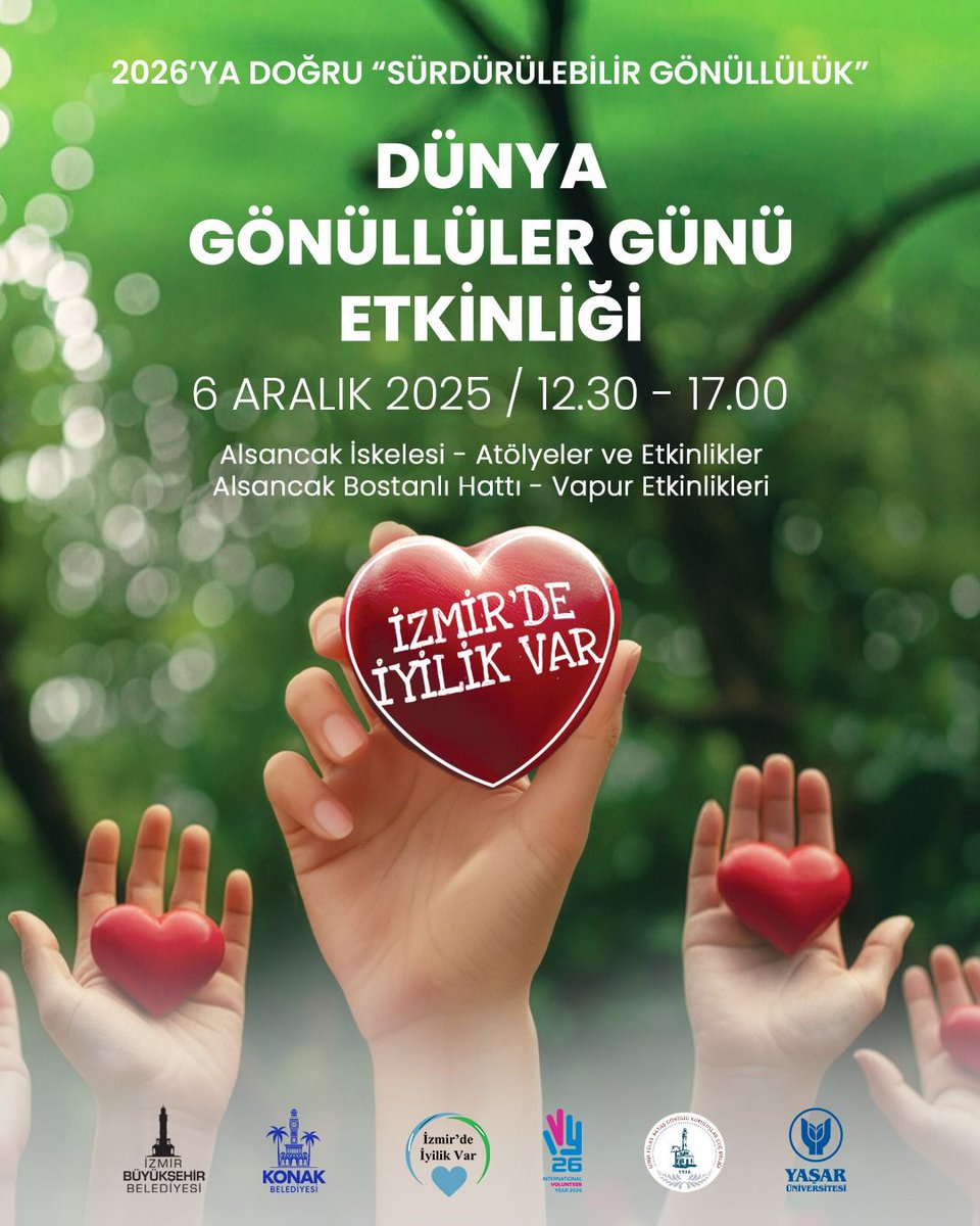 İzmir’de iyilik yine büyüyor! 6 Aralık’ta Alsancak İskelesi’nde buluşuyor, iyiliği şehrin sokaklarına, vapurlarına ve kalplerine yayıyoruz.
TükoDer'in de kitapları hediye edilecektir.

6 Aralık 2025 – Alsancak İskelesi İzmir’de iyilik var. 

@izmirdeiyilikvar
#izmirdeiyilikvar