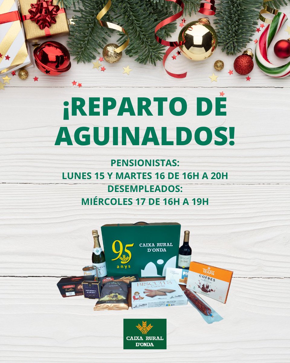 🎄 Horarios de entrega de aguinaldos:
Pensión: 15 y 16 (16–20 h)
Desempleo: 17 (16–19 h)
#CajaRuralOnda