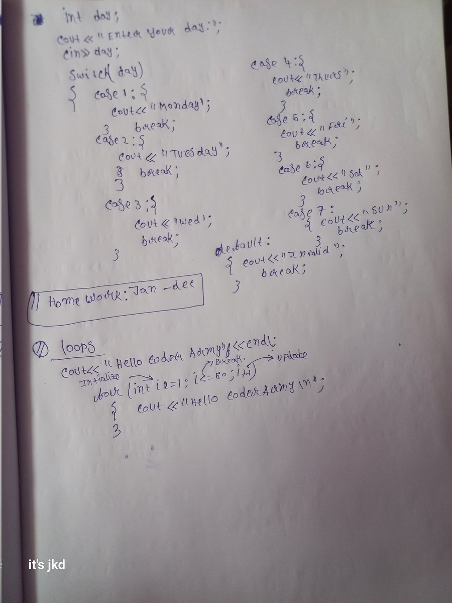 JeetKumarD35856's tweet image. Small steps every day!
Today I covered operators, if-else, and loops in C++ from the CoderArmy  .
Big thanks to Rohit Negi bhaiya — best mentor for beginners! 
#CoderArmy #DSA #CppJourney