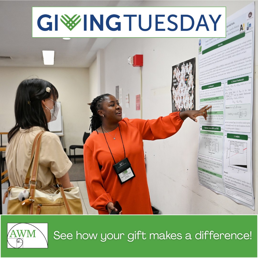 AWMmath's tweet image. This GI💚ING TUESDAY, give a gift to AWM and help us provide programs that support girls and women in mathematics! Set up a one-time gift of $25, $50, or $250, or create a recurring monthly gift here:

🔗 Give here - bit.ly/AWM-donate-unr… 

#AWM