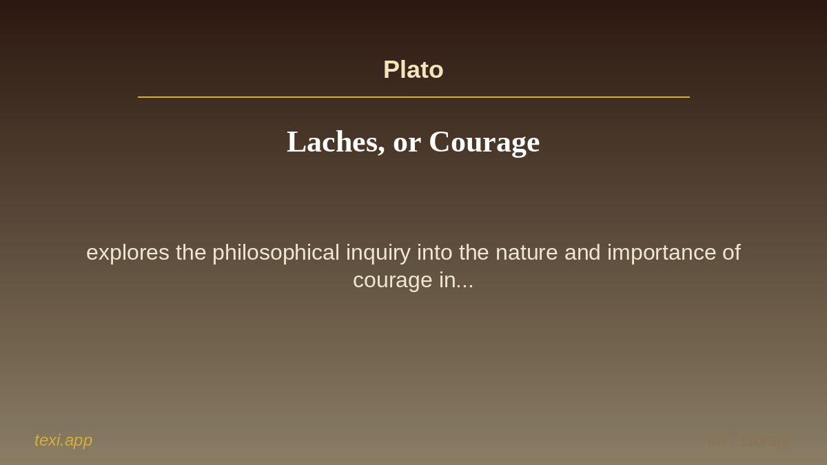 texi_app's tweet image. 📚 Laches, or Courage
✍️ Author: Plato
🌍 Language: English
📝 &quot;Laches, or Courage&quot; explores the philosophical inquiry into the nature and importance of courage in... #texi #books #knowledge #mit #english