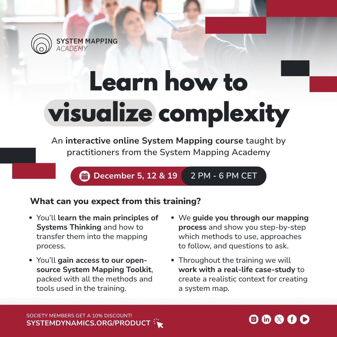 systemdynamics_'s tweet image. Take advantage of this convenient online course about System Mapping, taught by practitioners from the System Mapping Academy. 🎯

📅 December 05, 12 &amp;amp; 19 (Fridays from 2 pm-6 pm CET | 8 am-12 pm NY Time)
🔗 Register: ow.ly/J5sy50XAvvK

#SystemDynamics #systemsthinking