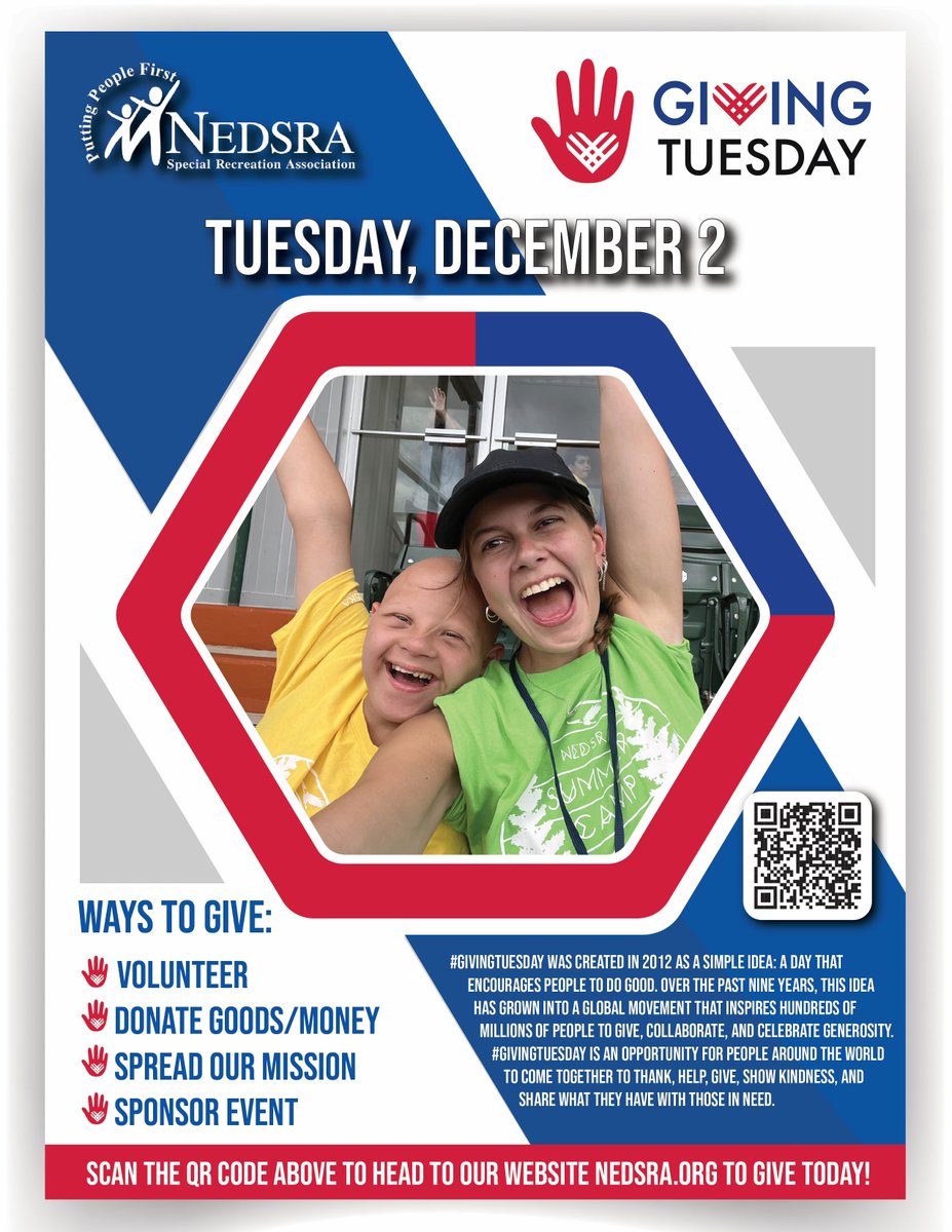 Giving Tuesday 2025 is here!

Please consider donating to NEDSRA this Holiday Season!

Every dollar donated goes directly to the programming and services we provide and to bringing a smile to the individuals we serve.

Click here to donate today!
nedsra.org/donate/donatio…