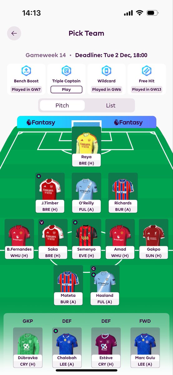 🔐 GW14 team reveal

Senesi &amp; Mukiele ➡️ O’Reilly &amp; Esteve. 2 FTs

🧢 Haaland

🌎 1m OR

Good luck everyone! #FPL #FPLCommunity