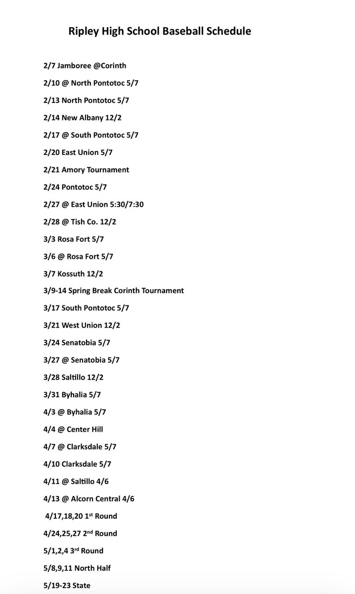 2026 RHS Baseball Schedule