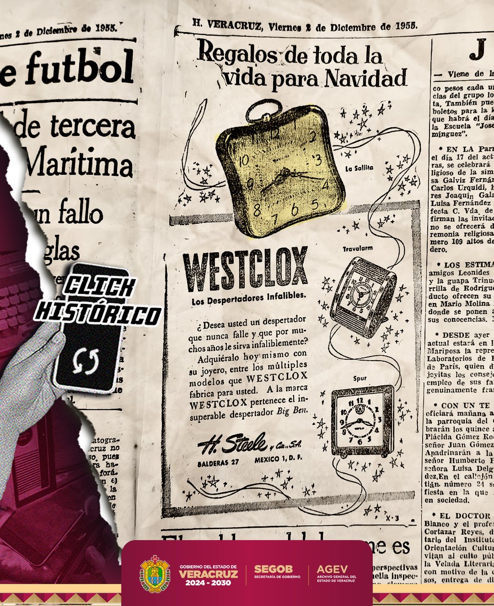 Regalos que siempre llegan a tiempo…
Entre las páginas antiguas aparece este anuncio festivo:
“Regalos para toda la Navidad. Westclox, los despertadores infalibles.”

 El Dictamen, 2 de diciembre de 1955. Hemeroteca AGEV.
#ClickHistórico #NavidadRetro #PublicidadAntigua