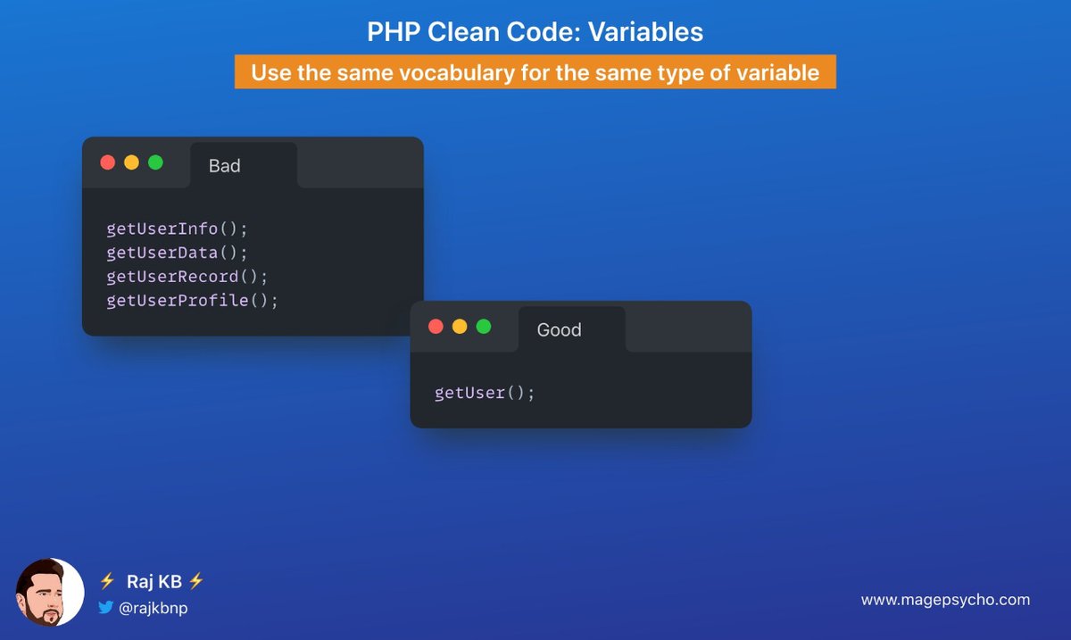 rajkbnp's tweet image. 2️⃣ Clean Code Series: Variables📒 🧑💻

☑️ Use the same vocabulary for the same type of variable

🐘 #PHP #Laravel #Symfony