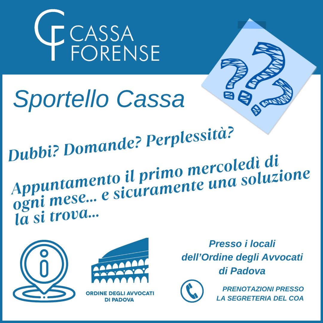 🏛️ #cassaforense
📅 #domani
❓ #sportellocassa

🔸 Ci vediamo domani mattina presso i locali dell'Ordine degli Avvocati di Padova con i colleghi del foro che abbiano dubbi in materia, come ogni primo mercoledì del mese.

☎️ #prenotazioni chiamando la segreteria del COA.
