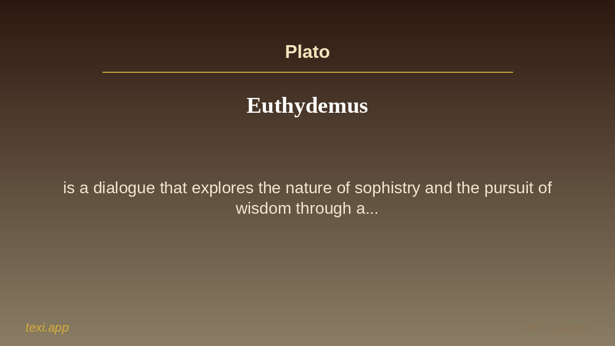 texi_app's tweet image. 📚 Euthydemus
✍️ Author: Plato
🌍 Language: English
📝 &quot;Euthydemus&quot; is a dialogue that explores the nature of sophistry and the pursuit of wisdom through a... #texi #books #knowledge #mit #english