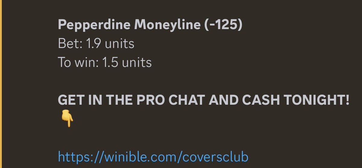 🚨#CBB FREE PLAY ALERT!🚨

#pepperdine vs. #abilenechristian

Sharp action LARGE on this game! 🔪 

Pepperdine ML (-125) 
Bet: 1.9 units To win: 1.5 units 

Want free access to every free play comment “winner” ⬇️