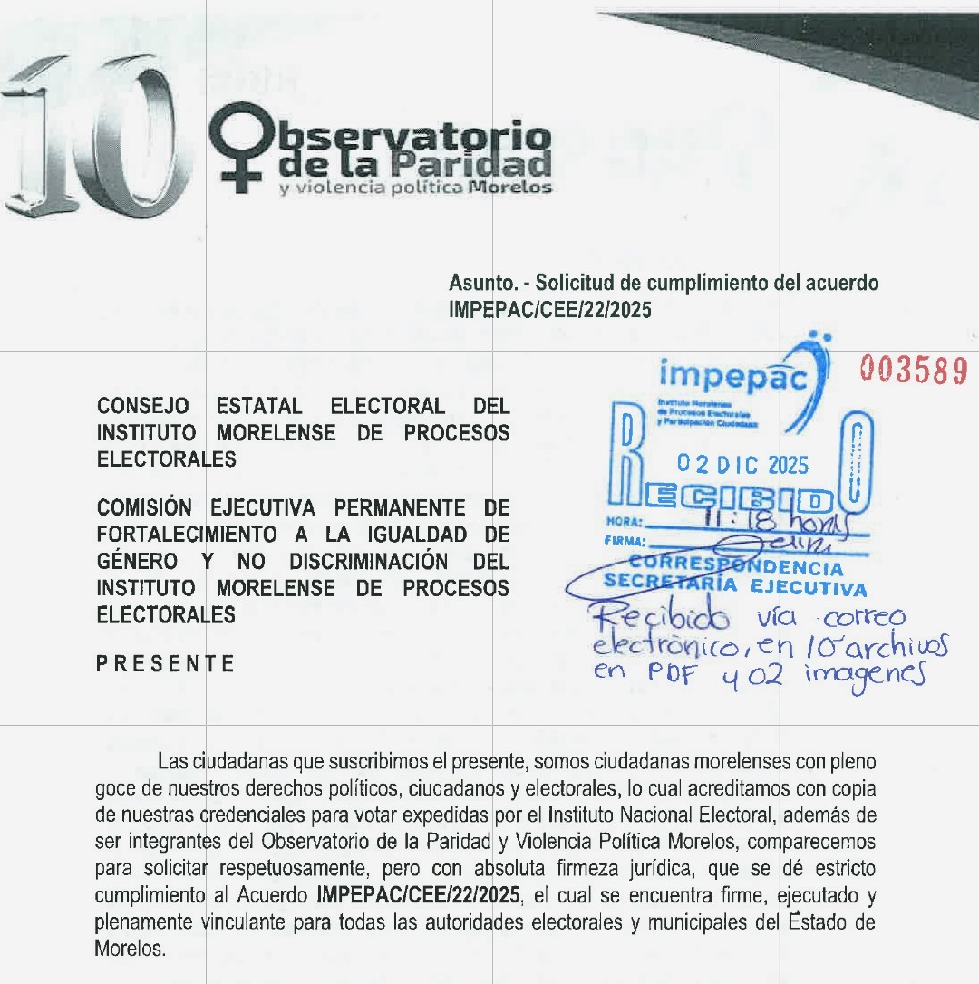 El Observatorio expresamos profunda preocupación: en la sesión de la Comisión de Igualdad del IMPEPAC se justificó no iniciar sanciones al Ayuntamiento de Coatetelco pese a incumplir la paridad, esto es impunidad y retroceso para los derechos de las mujeres e indígenas.
<a href="/impepac/">impepac</a>