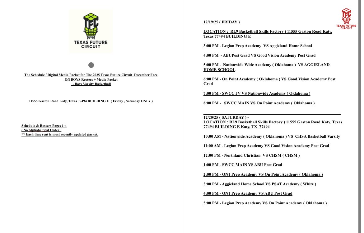All spectators , media , &amp; coaches are welcomed to the 2025 December Faceoff on 12/19 &amp; 12/20.

Featuring schools from Dallas,Texas , Houston,Texas &amp; Oklahoma.

Feel free to contact us on social media for our roster packet containing first + last names + current classification.