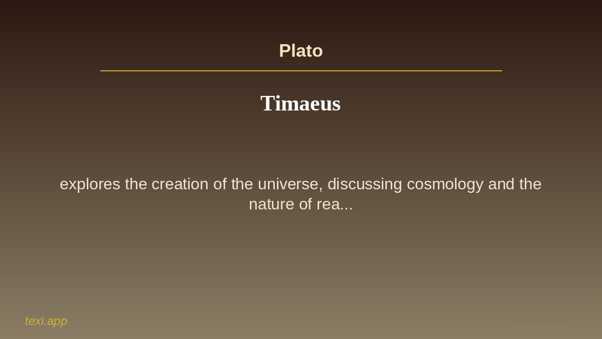 texi_app's tweet image. 📚 Timaeus
✍️ Author: Plato
🌍 Language: English
📝 &quot;Timaeus&quot; by Plato explores the creation of the universe, discussing cosmology and the nature of rea... #texi #books #knowledge #mit #english