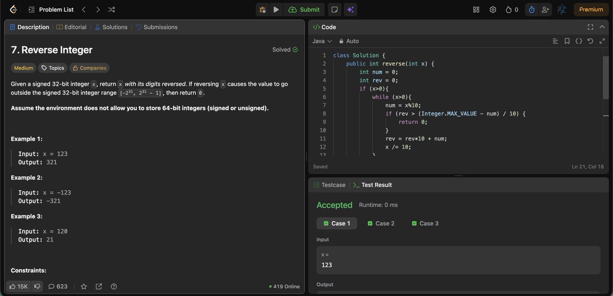 debugpulse's tweet image. #Day8 of Java+DSA
2 Question of Leetcode done
1 Easy &amp;amp; 1 Medium
1) Climbing Stairs (Easy) (either 1 stair or 2 stairs at a time)
saw it had a pattern same as fibonacci number solved like that
2) Reverse Integer (Medium)
#LearnInPublic #100daysofcodingchallenge