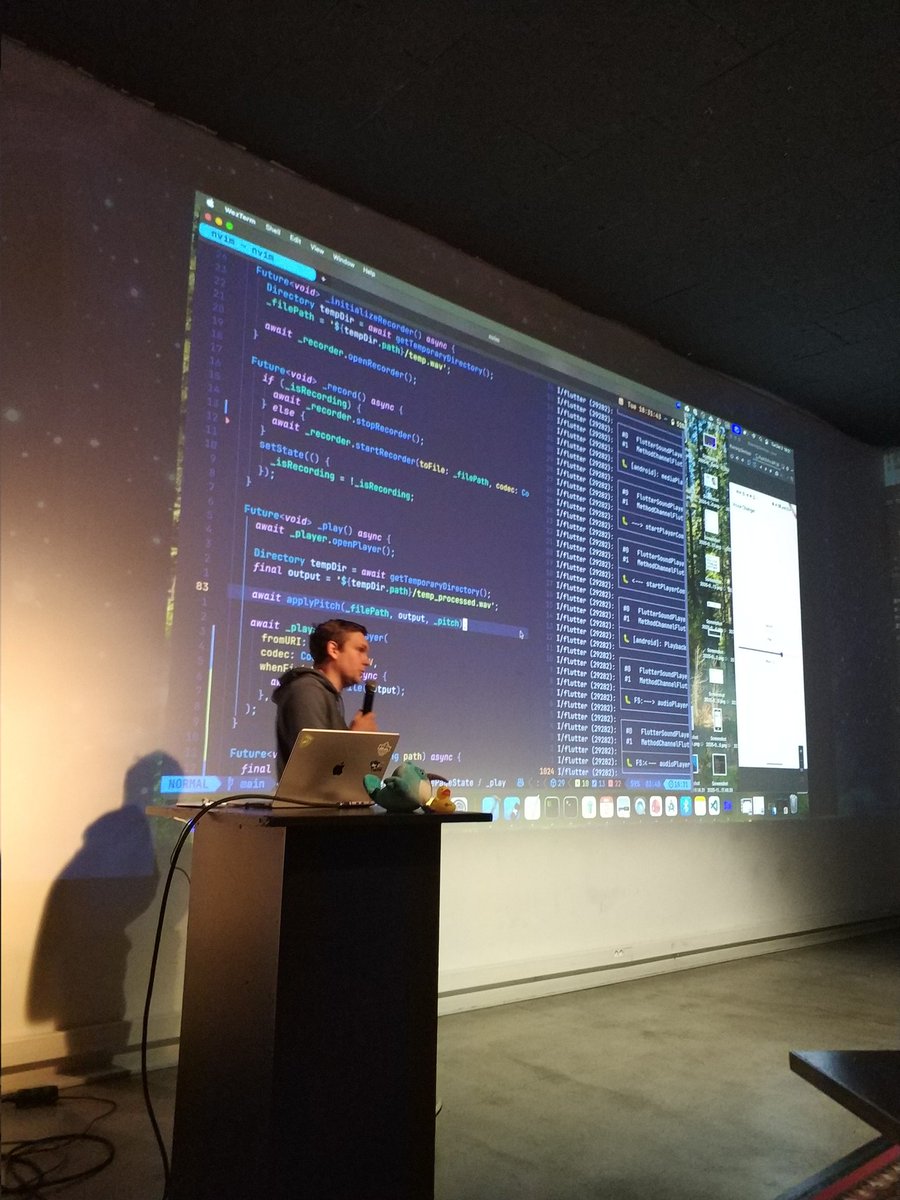 FlutterCracow's tweet image. Demo time! With #ffmpeg plugin you can make your recording sound like Darth Vader!