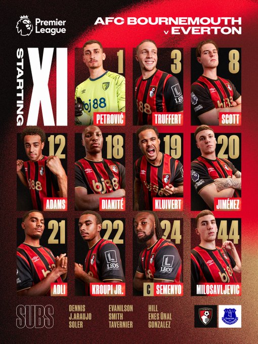 Team news graphic: Petrović, Truffert, Scott, Adams, Diakité, Kluivert, Jiménez, Adli, Kroupi JR., Semenyo (C), Milosavljevic.