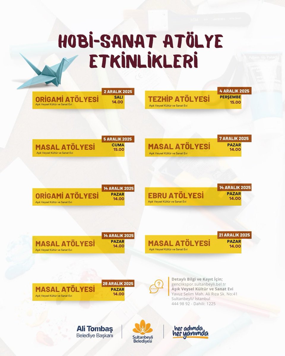 🎨✨ Hobi-Sanat Atölye Etkinlikleri Başlıyor! ✨🎨

Siz de yaratıcı yönünüzü keşfetmek ve el sanatlarıyla keyifli vakit geçirmek istiyorsanız, Aşk Veysel Kültür ve Sanat Evi’nde düzenlediğimiz atölye etkinliklerine davetlisiniz! Her yaştan katılımcıya hitap eden bu etkinliklerde